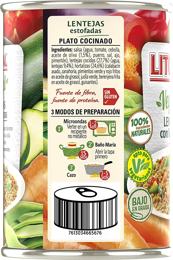 Litoral Vegetal Lentejas con Verduras – Plato Preparado Sin Gluten – Paquete de 10x425g – Total: 4,25kg